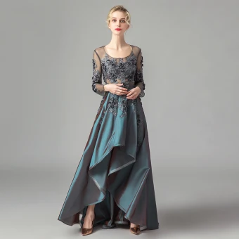 Illusion Bleu D Encre Satin Transparentes Dansant Robe De Bal 2021 Princesse Encolure Dégagée Manches Longues Appliques En Dentelle Asymétrique Volants Robe De Ceremonie