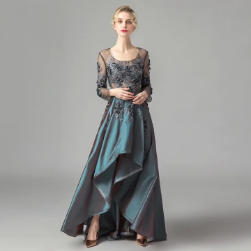 Illusie Ink Blauw Satijn Doorzichtige Dansen Galajurken 2021 A Lijn Ronde Hals Lange Mouwen Appliques Kant Asymmetrisch Ruche Gelegenheid Jurken