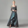 Iluzja Tusz Niebieski Satyna Przezroczyste Taniec Sukienki Na Bal 2021 Princessa Wycięciem Długie Rękawy Aplikacje Z Koronki Asymetryczny Wzburzyć Sukienki Wizytowe