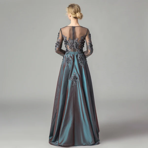 Illusion Ink Blue Satin See-through Dancing Prom Dresses 2021 A-Line / Princess Scoop Neck Long Sleeve Appliques Lace Asymmetrical Ruffle Formal Dresses