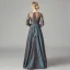 Illusion Ink Blue Satin See-through Dancing Prom Dresses 2021 A-Line / Princess Scoop Neck Long Sleeve Appliques Lace Asymmetrical Ruffle Formal Dresses