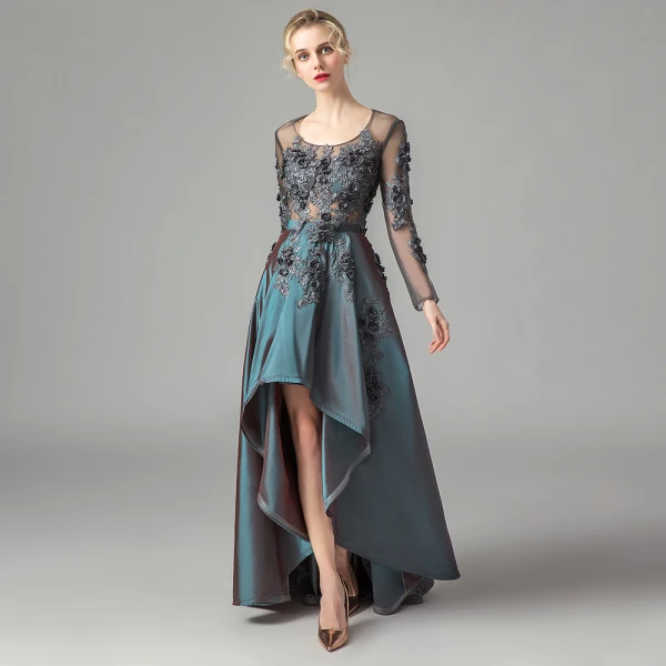 Illusion Ink Blue Satin See-through Dancing Prom Dresses 2021 A-Line / Princess Scoop Neck Long Sleeve Appliques Lace Asymmetrical Ruffle Formal Dresses