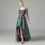 Illusion Ink Blue Satin See-through Dancing Prom Dresses 2021 A-Line / Princess Scoop Neck Long Sleeve Appliques Lace Asymmetrical Ruffle Formal Dresses