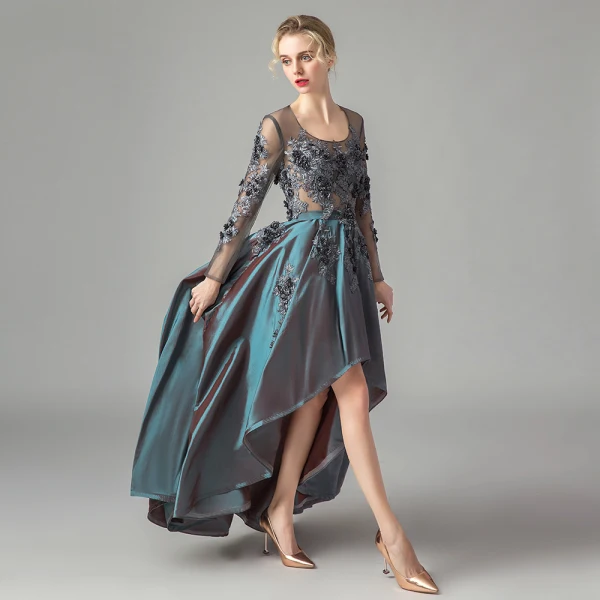 Illusion Ink Blue Satin See-through Dancing Prom Dresses 2021 A-Line / Princess Scoop Neck Long Sleeve Appliques Lace Asymmetrical Ruffle Formal Dresses