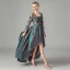 Illusion Ink Blue Satin See-through Dancing Prom Dresses 2021 A-Line / Princess Scoop Neck Long Sleeve Appliques Lace Asymmetrical Ruffle Formal Dresses