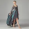 Iluzja Tusz Niebieski Satyna Przezroczyste Taniec Sukienki Na Bal 2021 Princessa Wycięciem Długie Rękawy Aplikacje Z Koronki Asymetryczny Wzburzyć Sukienki Wizytowe