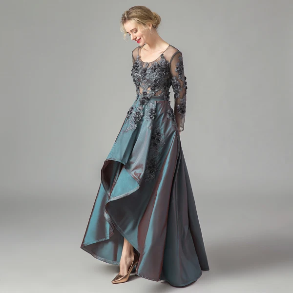 Illusion Ink Blue Satin See-through Dancing Prom Dresses 2021 A-Line / Princess Scoop Neck Long Sleeve Appliques Lace Asymmetrical Ruffle Formal Dresses