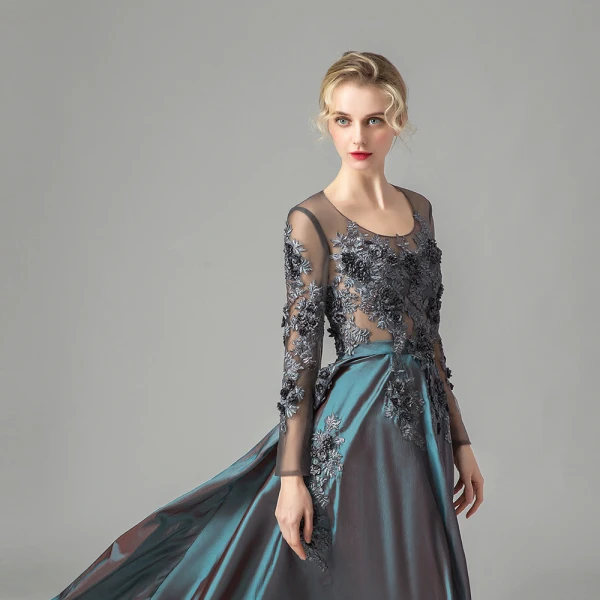 Illusion Ink Blue Satin See-through Dancing Prom Dresses 2021 A-Line / Princess Scoop Neck Long Sleeve Appliques Lace Asymmetrical Ruffle Formal Dresses