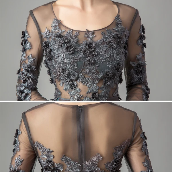 Illusion Ink Blue Satin See-through Dancing Prom Dresses 2021 A-Line / Princess Scoop Neck Long Sleeve Appliques Lace Asymmetrical Ruffle Formal Dresses