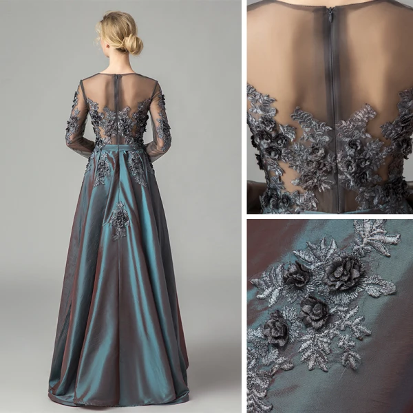 Illusion Ink Blue Satin See-through Dancing Prom Dresses 2021 A-Line / Princess Scoop Neck Long Sleeve Appliques Lace Asymmetrical Ruffle Formal Dresses