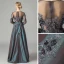 Illusion Ink Blue Satin See-through Dancing Prom Dresses 2021 A-Line / Princess Scoop Neck Long Sleeve Appliques Lace Asymmetrical Ruffle Formal Dresses
