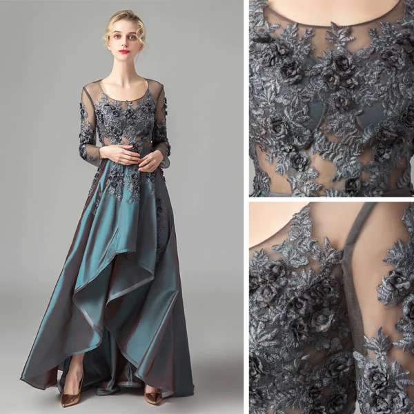 Illusion Ink Blue Satin See-through Dancing Prom Dresses 2021 A-Line / Princess Scoop Neck Long Sleeve Appliques Lace Asymmetrical Ruffle Formal Dresses