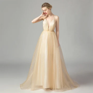 Sexy Gold Prom Dresses 2021 A Line Princess Spaghetti Straps Deep V Neck Sleeveless Glitter Tulle Sweep Train Ruffle Backless Formal Dresses