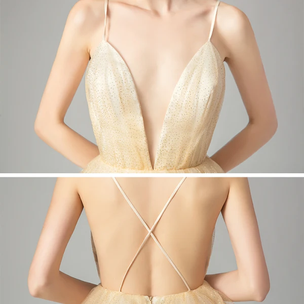 Sexy Gold Ballkleider 2021 A Linie Spaghettiträger Tiefer V-Ausschnitt Ärmellos Glanz Tülle Sweep / Pinsel Zug Rüschen Rückenfreies Festliche Kleider