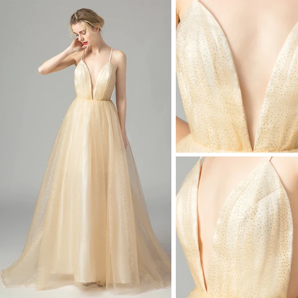 Sexy Gold Ballkleider 2021 A Linie Spaghettiträger Tiefer V-Ausschnitt Ärmellos Glanz Tülle Sweep / Pinsel Zug Rüschen Rückenfreies Festliche Kleider
