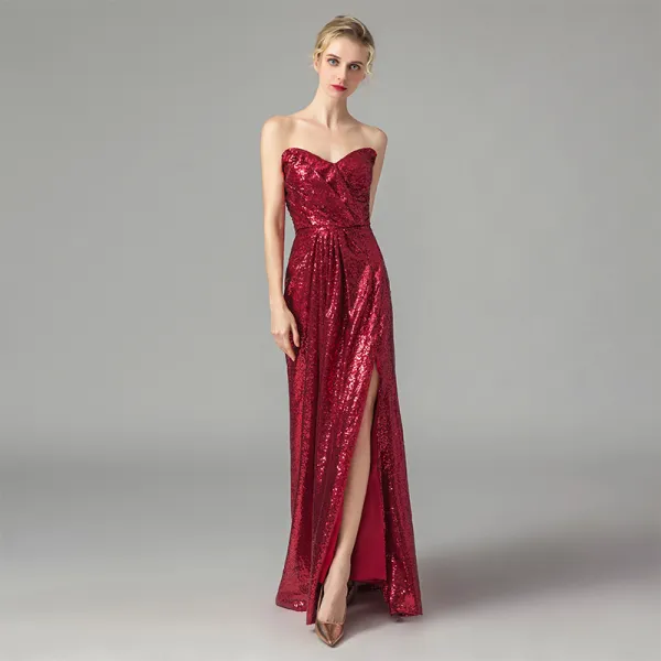 Sparkly Burgundy Sequins Prom Dresses 2021 Sheath / Fit Sweetheart Sleeveless Split Front Floor-Length / Long Backless Formal Dresses