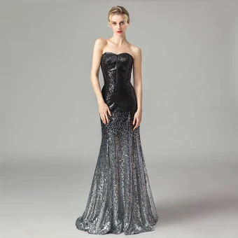 Scintillantes Noire Dégradé De Couleur Argenté Paillettes Corset Robe De Soirée 2021 Trompette Sirène Amoureux Sans Manches Longue Dos Nu Robe De Ceremonie