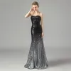 Sparkly Black Gradient-Color Silver Sequins Corset Evening Dresses  2021 Trumpet / Mermaid Sweetheart Sleeveless Floor-Length / Long Backless Formal Dresses