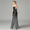 Sparkly Black Gradient-Color Silver Sequins Corset Evening Dresses  2021 Trumpet / Mermaid Sweetheart Sleeveless Floor-Length / Long Backless Formal Dresses
