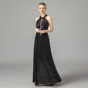 Mode Noire Paillettes Robe De Soirée 2021 Princesse Titulaire Sans Manches Longue Volants Dos Nu Robe De Ceremonie