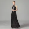 Fashion Black Sequins Evening Dresses  2021 A-Line / Princess Halter Sleeveless Floor-Length / Long Ruffle Backless Formal Dresses