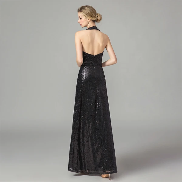 Fashion Black Sequins Evening Dresses 2021 A-Line / Princess Halter Sleeveless Floor-Length / Long Ruffle Backless Formal Dresses