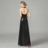 Fashion Black Sequins Evening Dresses  2021 A-Line / Princess Halter Sleeveless Floor-Length / Long Ruffle Backless Formal Dresses