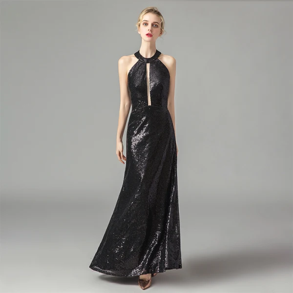Fashion Black Sequins Evening Dresses 2021 A-Line / Princess Halter Sleeveless Floor-Length / Long Ruffle Backless Formal Dresses