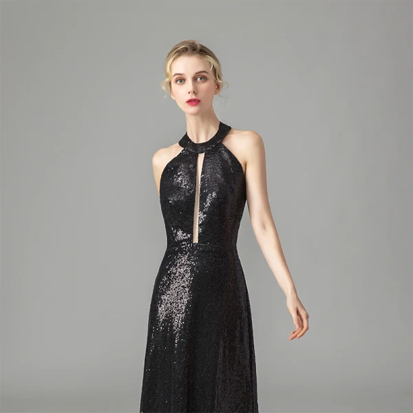 Fashion Black Sequins Evening Dresses 2021 A-Line / Princess Halter Sleeveless Floor-Length / Long Ruffle Backless Formal Dresses