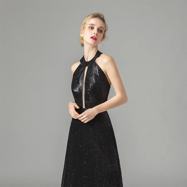 Fashion Black Sequins Evening Dresses 2021 A-Line / Princess Halter Sleeveless Floor-Length / Long Ruffle Backless Formal Dresses