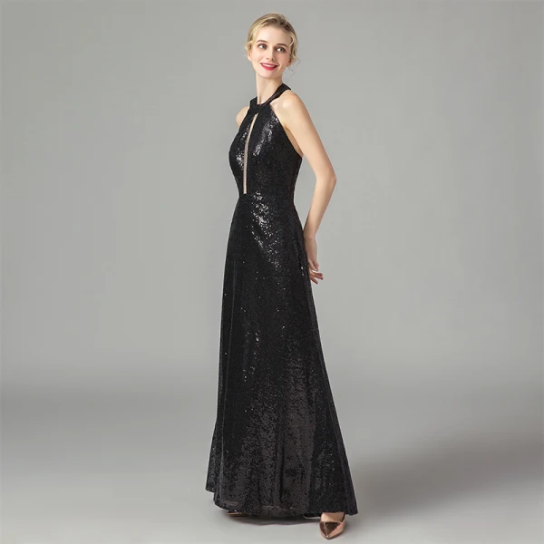 Fashion Black Sequins Evening Dresses 2021 A-Line / Princess Halter Sleeveless Floor-Length / Long Ruffle Backless Formal Dresses