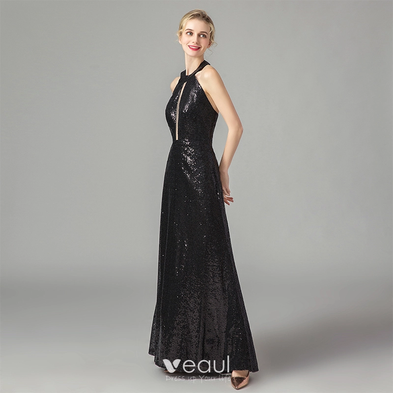 Fashion Black Sequins Evening Dresses 2021 A-Line Princess Halter Sleeveless Long