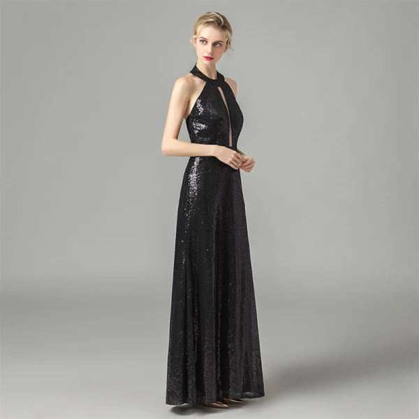 Fashion Black Sequins Evening Dresses 2021 A-Line / Princess Halter Sleeveless Floor-Length / Long Ruffle Backless Formal Dresses