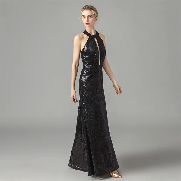 Fashion Black Sequins Evening Dresses 2021 A-Line / Princess Halter Sleeveless Floor-Length / Long Ruffle Backless Formal Dresses