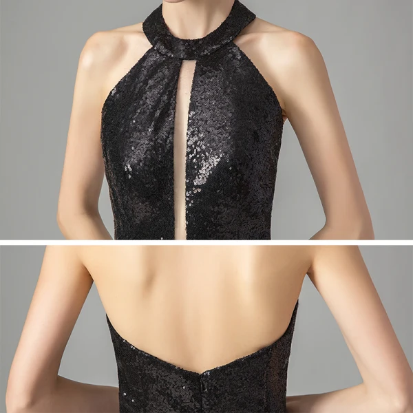 Fashion Black Sequins Evening Dresses 2021 A-Line / Princess Halter Sleeveless Floor-Length / Long Ruffle Backless Formal Dresses