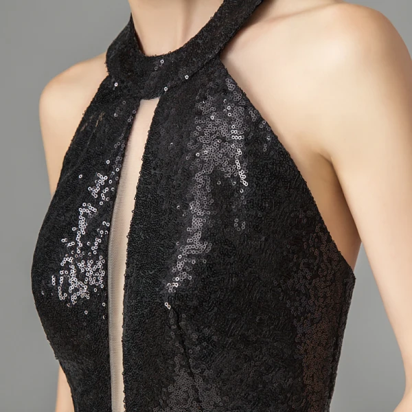Fashion Black Sequins Evening Dresses 2021 A-Line / Princess Halter Sleeveless Floor-Length / Long Ruffle Backless Formal Dresses