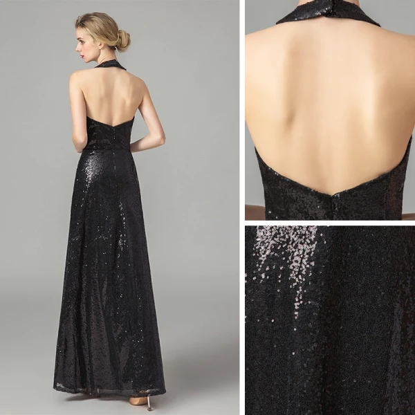 Fashion Black Sequins Evening Dresses 2021 A-Line / Princess Halter Sleeveless Floor-Length / Long Ruffle Backless Formal Dresses