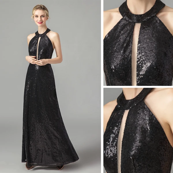 Fashion Black Sequins Evening Dresses 2021 A-Line / Princess Halter Sleeveless Floor-Length / Long Ruffle Backless Formal Dresses