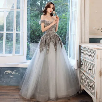 Scintillantes Gris Robe De Bal 2021 Princesse De L 039 Épaule Manches Courtes Paillettes Glitter Tulle Longue Volants Dos Nu Robe De Ceremonie