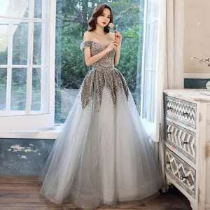 Sparkly Grey Prom Dresses 2021 A Line Princess Off The Shoulder Short Sleeve Sequins Glitter Tulle Floor Length Long Ruffle Backless Formal Dresses