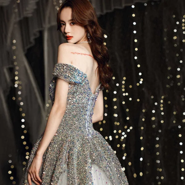 Sparkly Grey Prom Dresses 2021 A-Line Princess Off-The-Shoulder Short Sleeve Sequins
