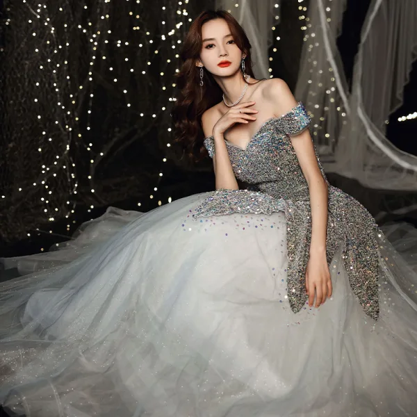 Sparkly Grey Prom Dresses 2021 A-Line / Princess Off-The-Shoulder Short Sleeve Sequins Glitter Tulle Floor-Length / Long Ruffle Backless Formal Dresses