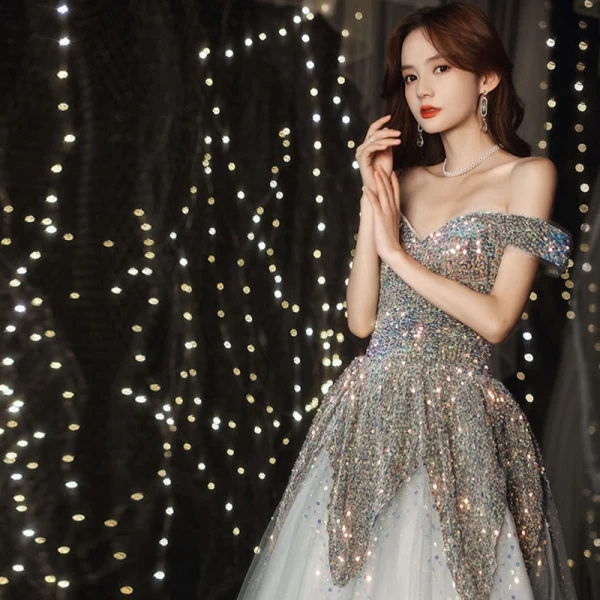 Sparkly Grey Prom Dresses 2021 A-Line / Princess Off-The-Shoulder Short Sleeve Sequins Glitter Tulle Floor-Length / Long Ruffle Backless Formal Dresses