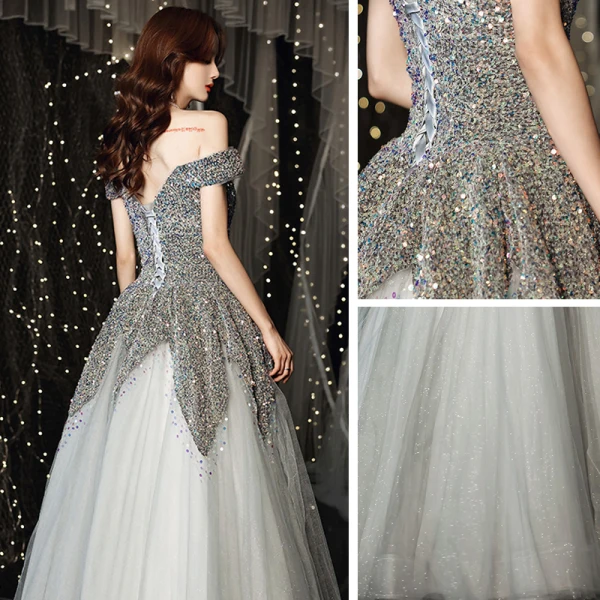 Sparkly Grey Prom Dresses 2021 A-Line / Princess Off-The-Shoulder Short Sleeve Sequins Glitter Tulle Floor-Length / Long Ruffle Backless Formal Dresses