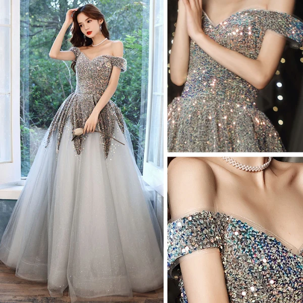 Sparkly Grey Prom Dresses 2021 A-Line / Princess Off-The-Shoulder Short Sleeve Sequins Glitter Tulle Floor-Length / Long Ruffle Backless Formal Dresses