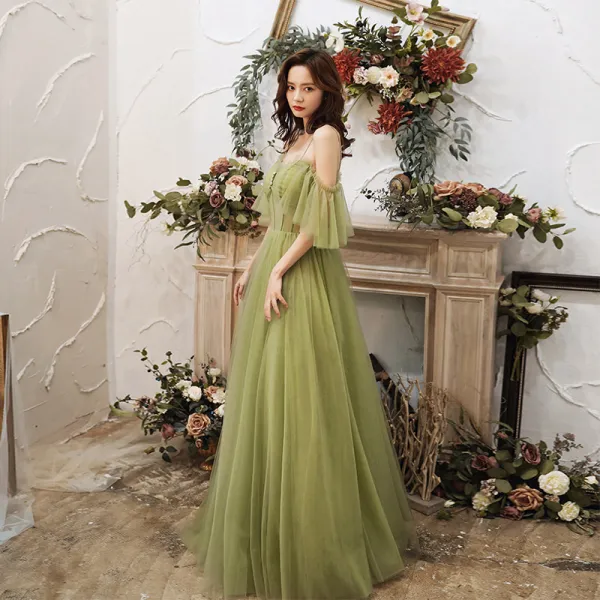 Modest / Simple Lime Green Dancing Prom Dresses 2021 A-Line / Princess See-through Spaghetti Straps Short Sleeve Floor-Length / Long Ruffle Backless Formal Dresses
