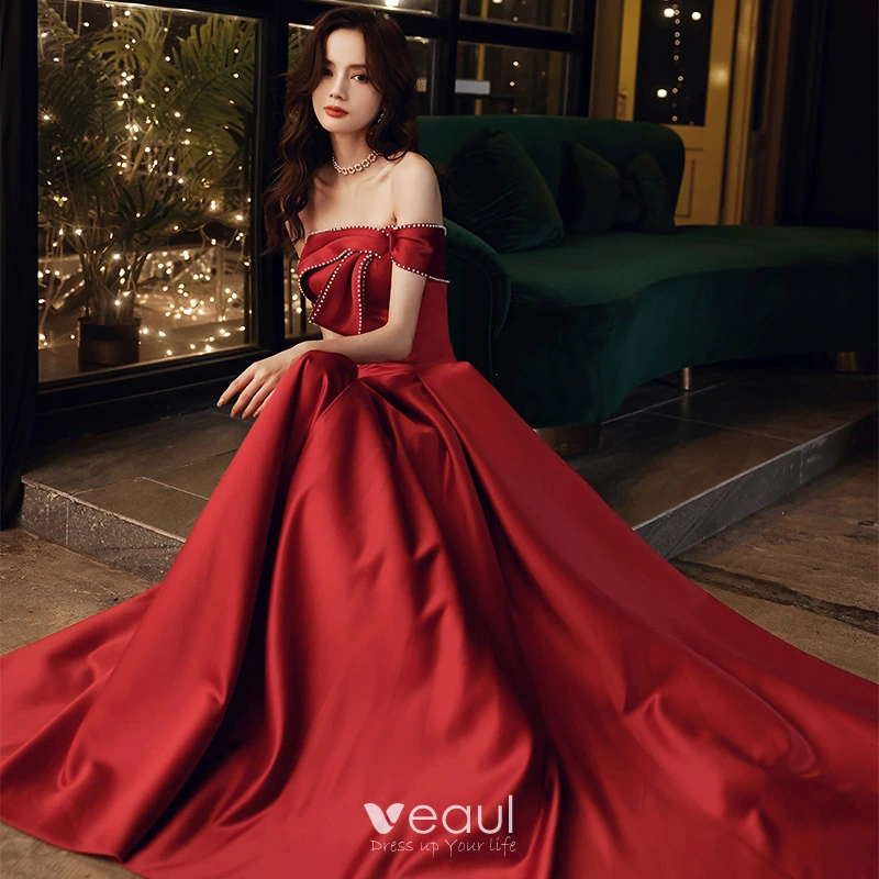 Veaul Chic Beautiful Red Satin Dancing Prom Dresses 2021 A Line Princess Off The Shoulder Long