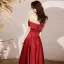 Chic / Beautiful Red Satin Dancing Prom Dresses 2021 A-Line / Princess Off-The-Shoulder Short Sleeve Beading Floor-Length / Long Ruffle Backless Formal Dresses