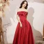 Chic / Beautiful Red Satin Dancing Prom Dresses 2021 A-Line / Princess Off-The-Shoulder Short Sleeve Beading Floor-Length / Long Ruffle Backless Formal Dresses