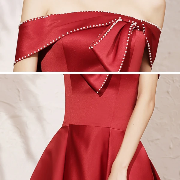 Chic / Beautiful Red Satin Dancing Prom Dresses 2021 A-Line / Princess Off-The-Shoulder Short Sleeve Beading Floor-Length / Long Ruffle Backless Formal Dresses